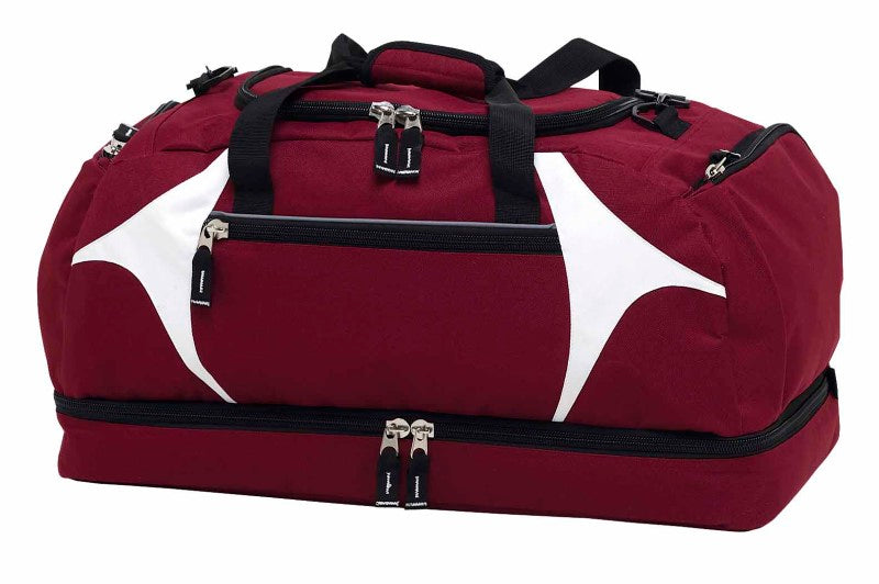 Spliced Zenith Sports Bag in Dark Red/White with 55L capacity, durable design, multiple compartments, and padded shoulder strap.