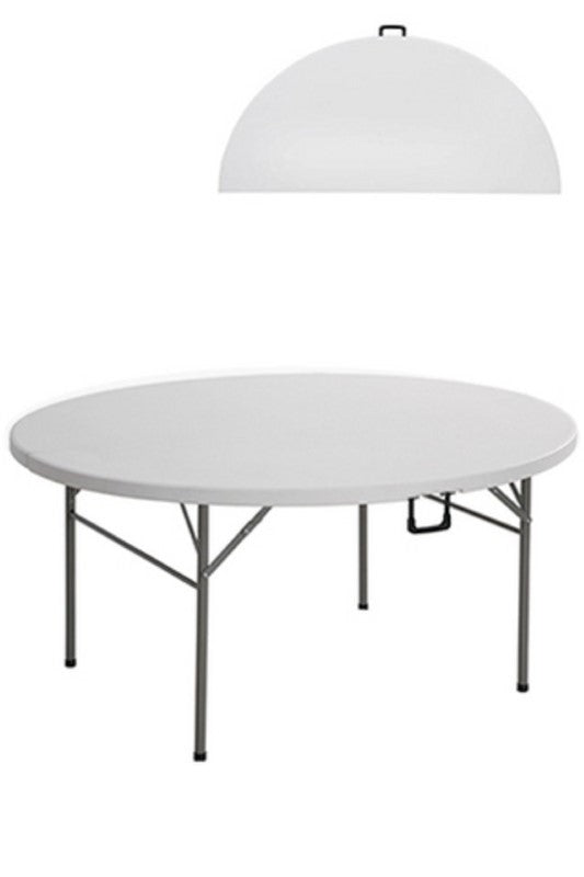 Round banquet table with heavy-duty polyethylene surface, foldable design for easy transport, ideal for events and gatherings.