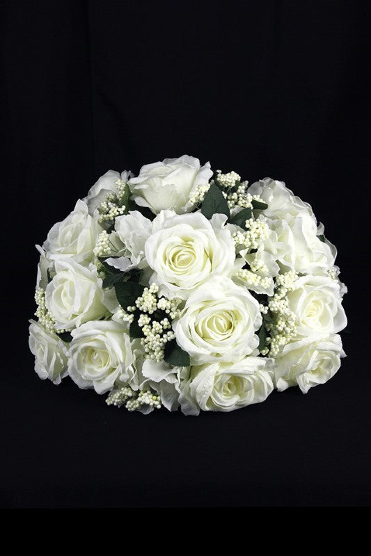Elegant half-sphere artificial floral arrangement with 31 white roses and hydrangeas, perfect for home decor or events.