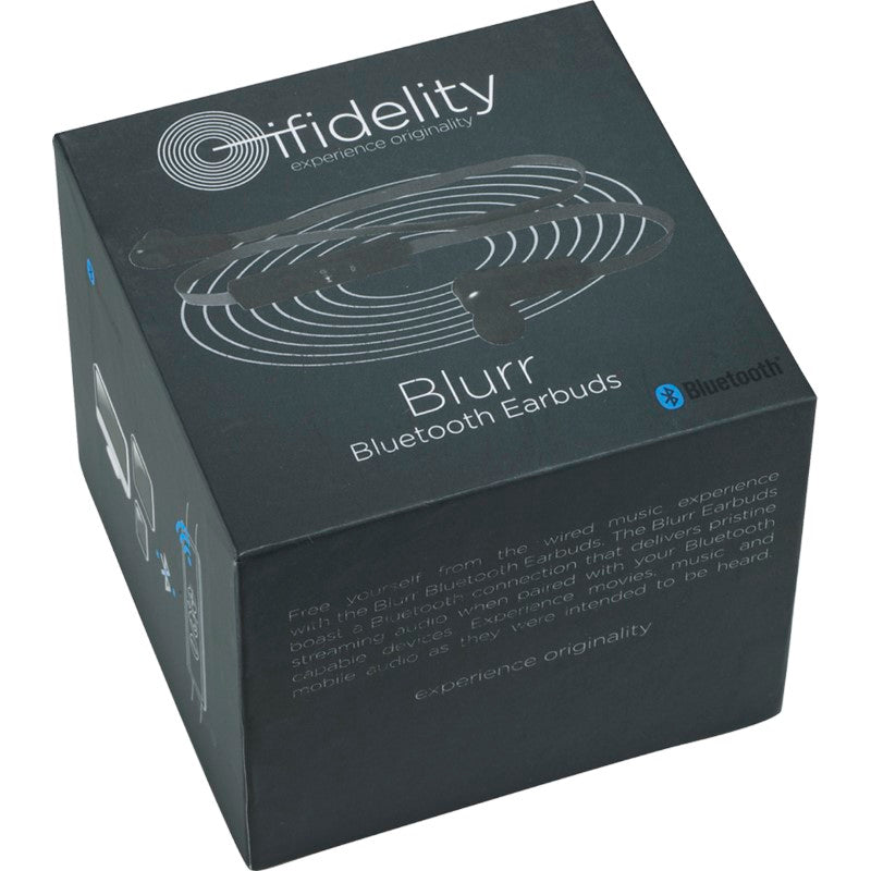 iFidelity Blurr Bluetooth Earbuds in an elegant case, featuring 6 hours playback, built-in mic, and customizable fit.