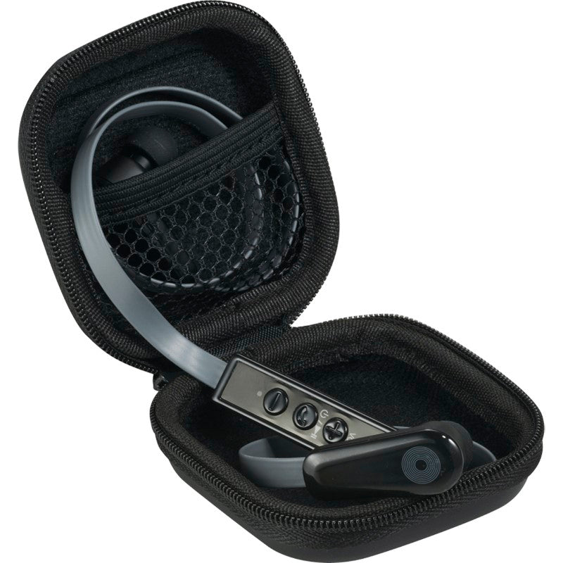 iFidelity Blurr Bluetooth Earbuds with removable ear hooks, 6-hour playback, built-in mic, and stylish carrying case.