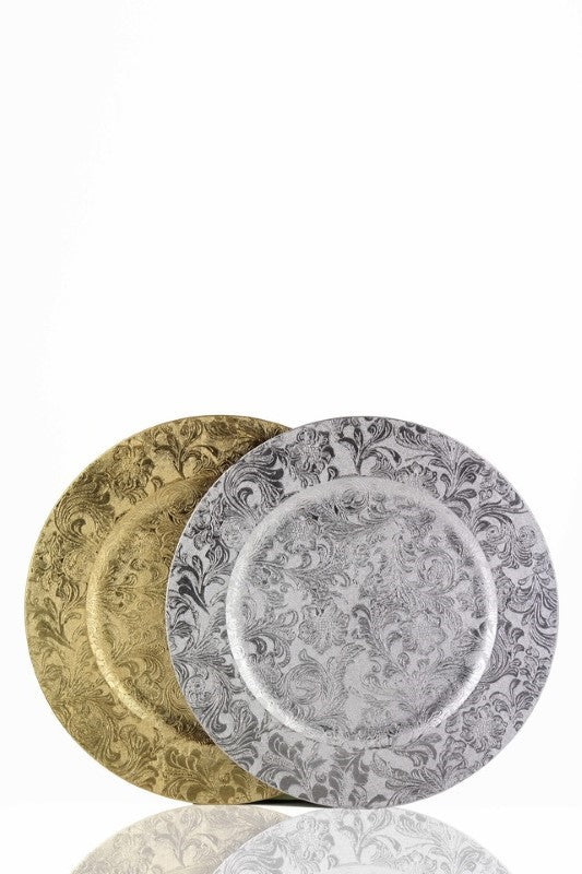 Set of 24 gold foil damask charger plates, 33cm, perfect for elegant dining and easy to clean.