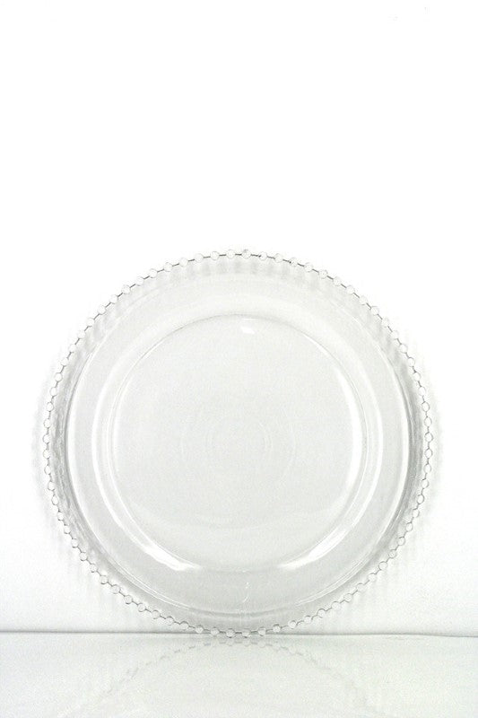 Elegant set of 12 glass charger plates with bead detailing, perfect for enhancing any dining experience.