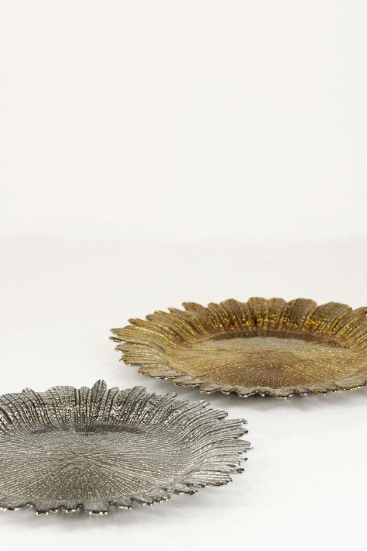 Set of 12 metallic glass charger plates with flared rims, enhancing elegant dining for special occasions and everyday use.
