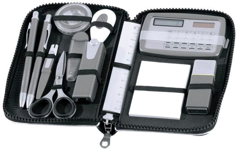 Oxford Stationery Set: 13-piece kit in a zippered case, featuring pencil, pen, calculator, and accessories for study and work.