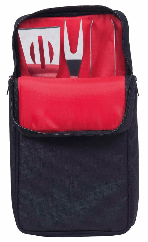 BBQ Grill Tool Set with stainless steel spatula, fork, tongs, and stylish carry bag for outdoor grilling enthusiasts.