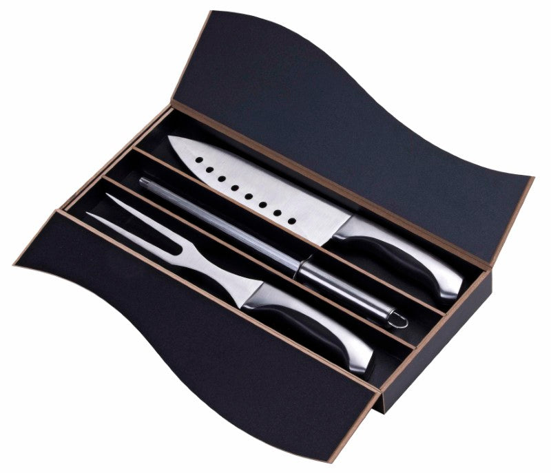 Premium 3-piece stainless steel carving set in elegant black box, including chef's knife, carving fork, and sharpener.