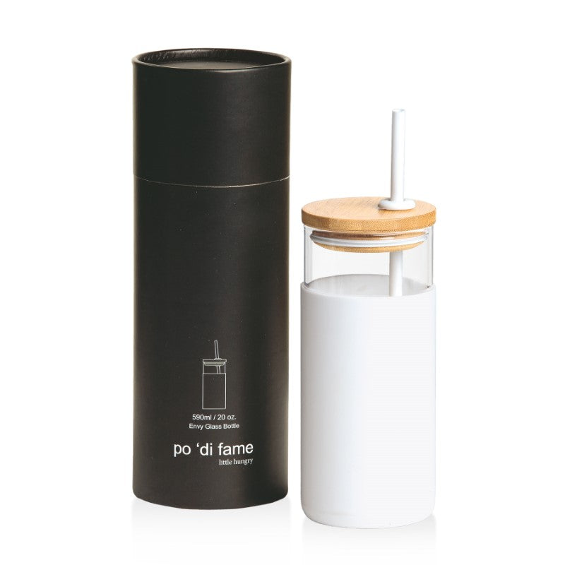 Elegant white Envy Glass Bottle with bamboo lid, silicone sleeve, and matching straw; 590ml capacity for stylish hydration.