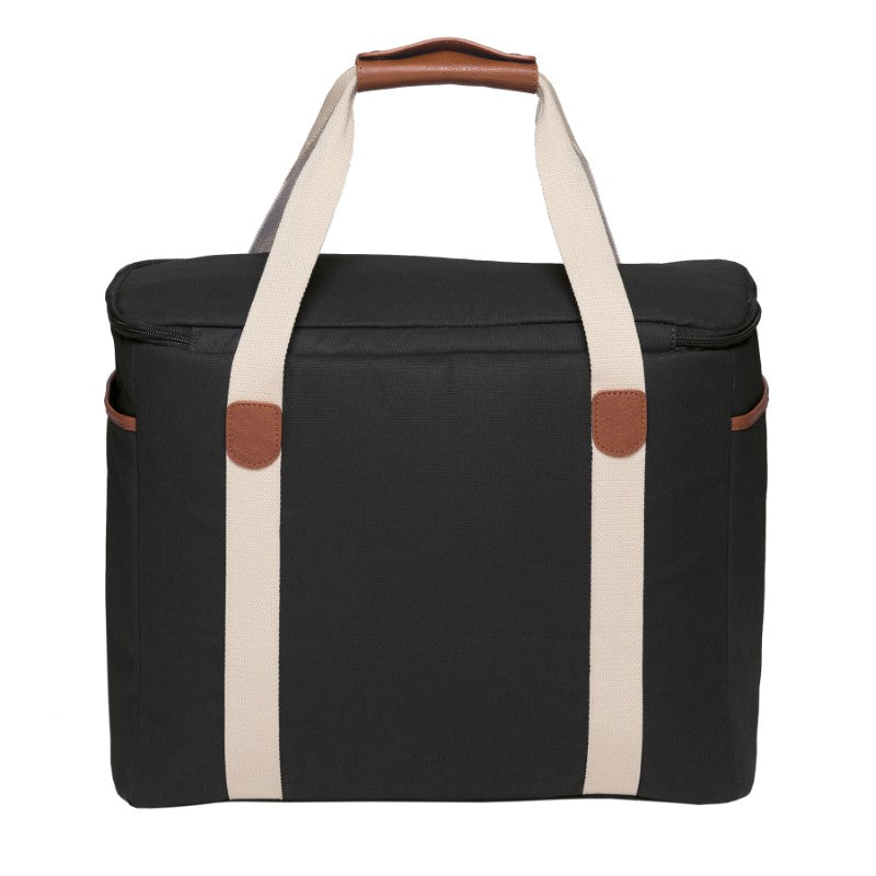 Sleek black Hamptons Cooler in luxury canvas with faux leather trim, 30L capacity, insulated, and stylish for outdoor use.