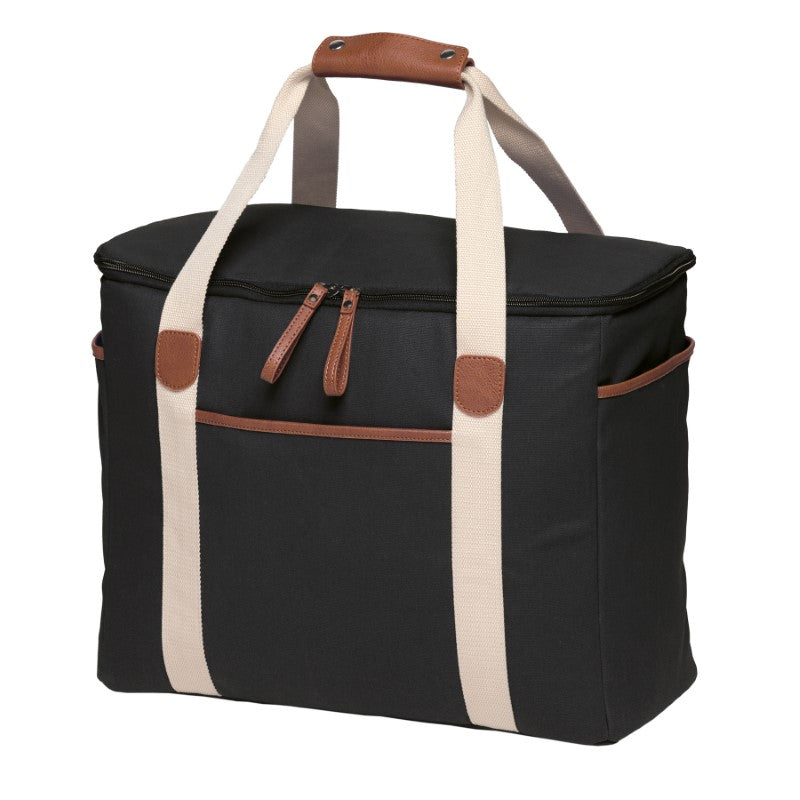 Sleek black Hamptons Cooler with faux leather trim, insulated for 30L capacity, perfect for stylish outdoor adventures.