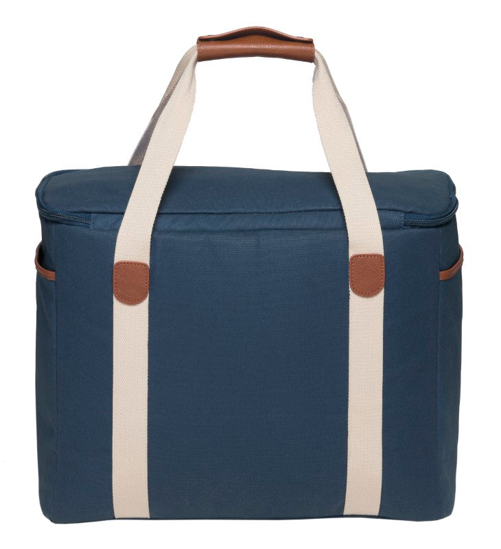 Hamptons Cooler in Dark Blue, featuring durable waxed canvas, insulated compartment, and stylish faux leather accents.