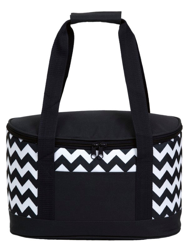 Oasis Chevron Cooler in black and white, 19L capacity, leak-proof lining, and convenient carry handles for outdoor use.