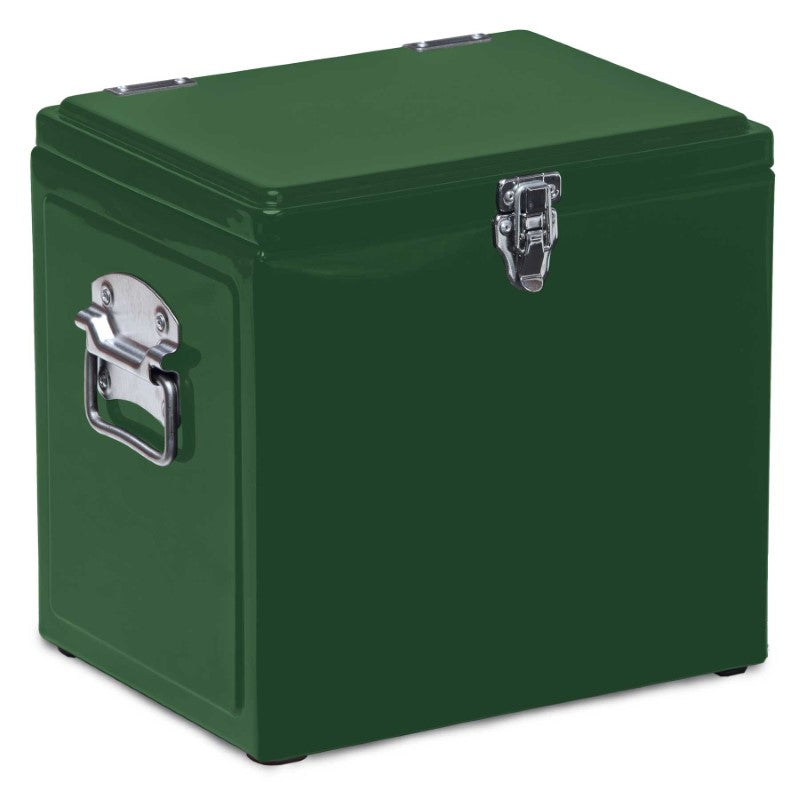 Vintage Green cooler box with chrome accents, 15L capacity, leak-proof liner, retains ice for 48 hours, perfect for outdoor adventures.