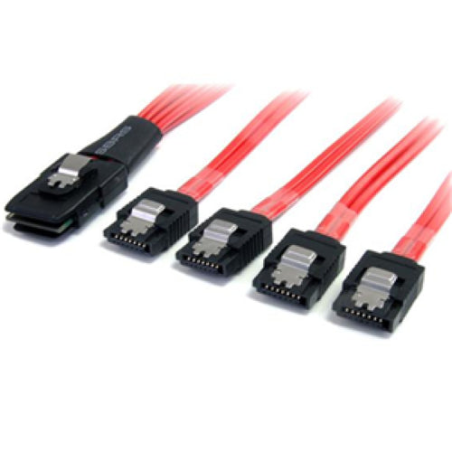 Startech Mini SAS SF8087 to SATA Cable connecting four SATA drives to a SAS controller for high-performance data transfer.