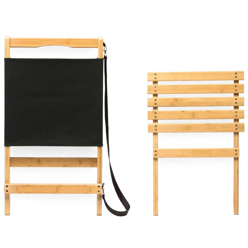 Wave Beach Chair: eco-friendly bamboo and black canvas, foldable, lightweight, portable with shoulder strap for outdoor comfort.