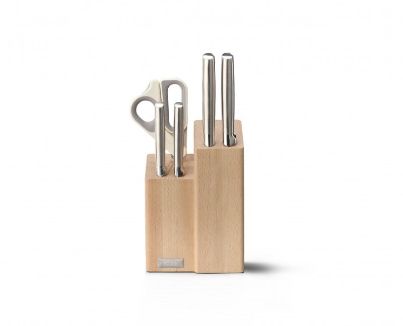 Joseph Joseph Elevate Fusion 5pc Knife & Scissor Block set with premium knives, scissors, and elegant storage block.