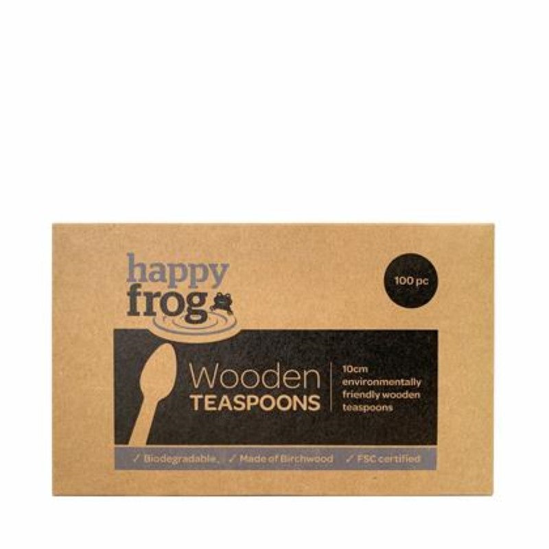 100 eco-friendly wooden teaspoons made from FSC certified birch wood, perfect for parties, desserts, and beverages.