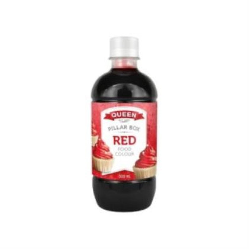 Vibrant 500ML red food coloring by Queen, perfect for enhancing cakes, desserts, and beverages with bold color.
