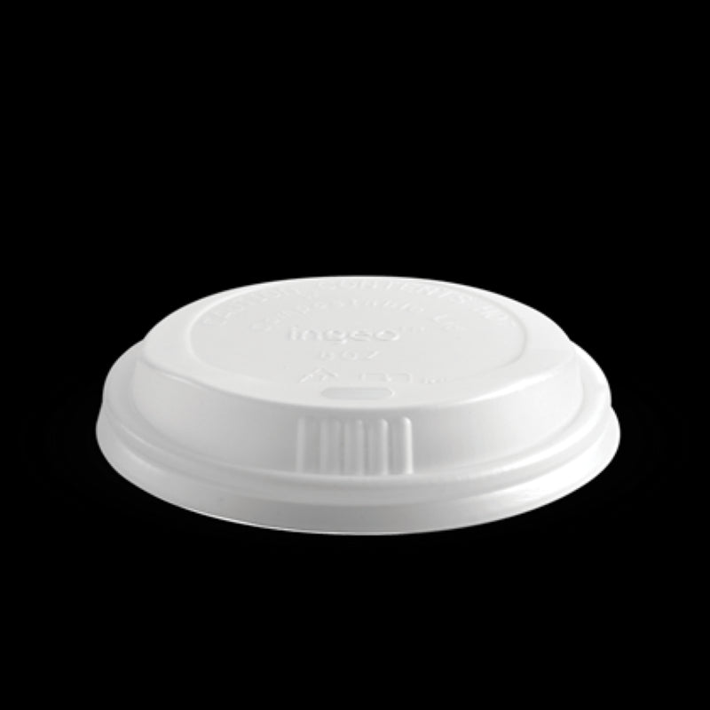Eco-friendly 80mm white bioplastic lids for hot cups, ensuring secure beverage service in a pack of 50 from Biopak.