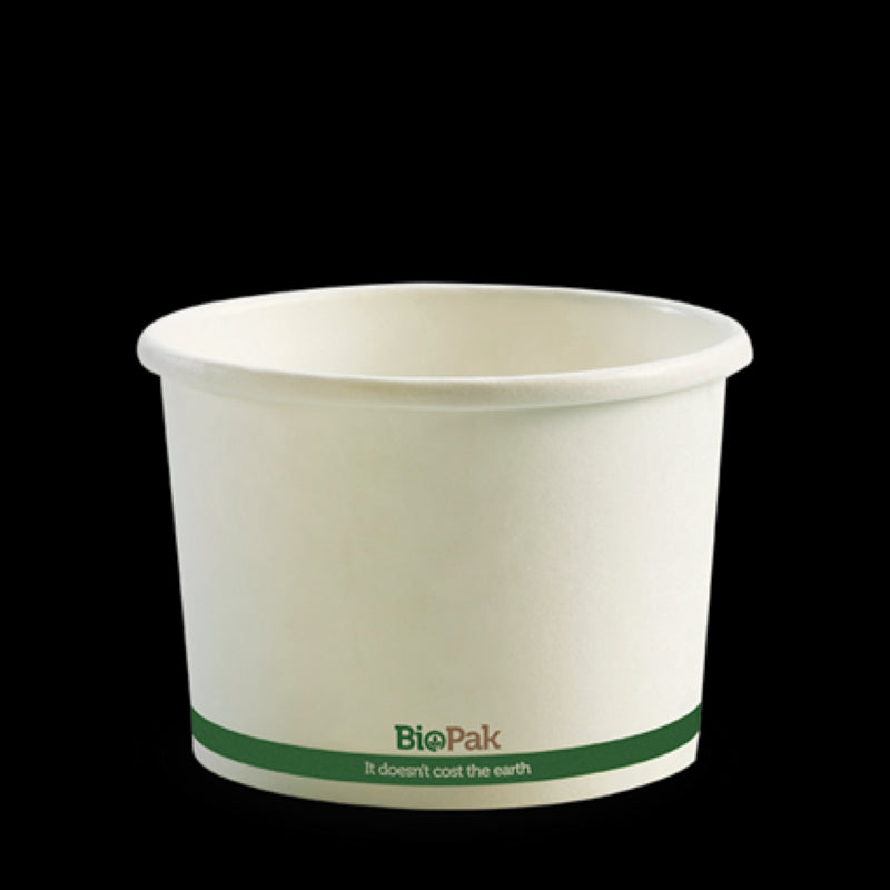 Eco-friendly 16oz paper bowls with white and green stripe design, ideal for serving soups and salads, pack of 25.