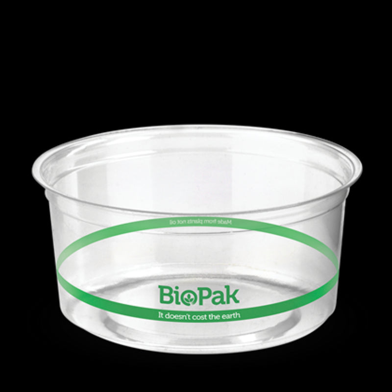 Clear 360ml bioplastic bowl by Biopak, perfect for serving cold dishes; eco-friendly and practical for events, pack of 50.