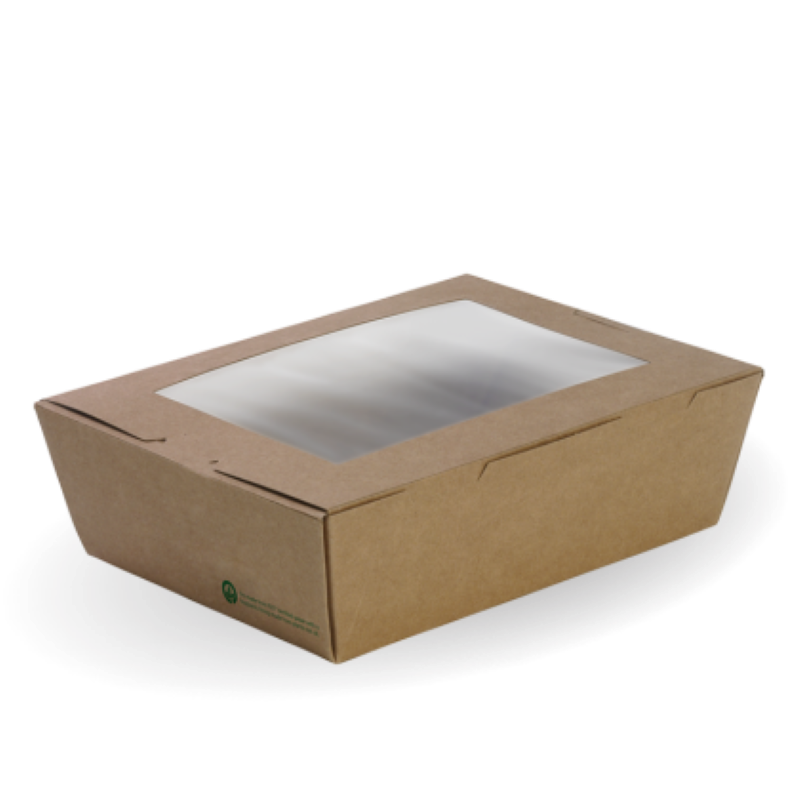 Box Lunch Cardboard Window PLALined Large Brown 197x140x64m - Biopak - 50PC