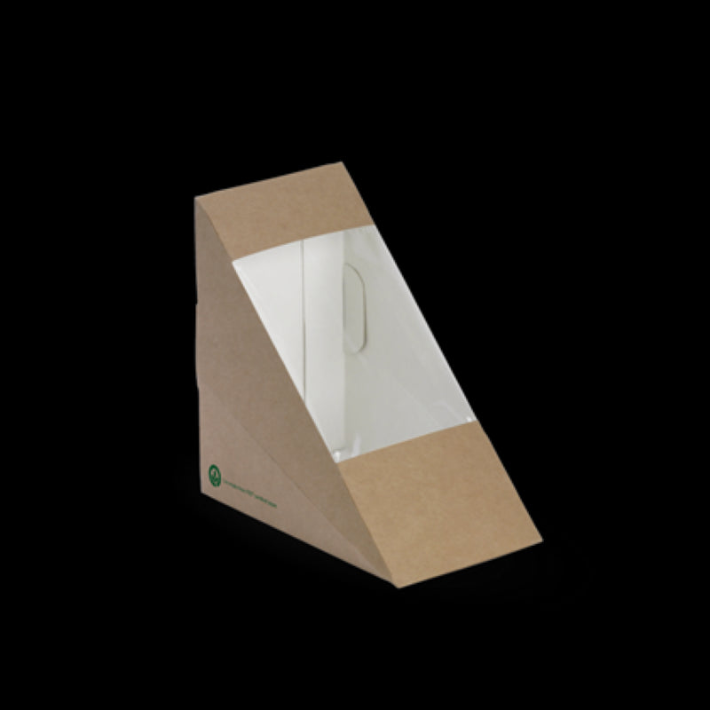 Eco-friendly brown sandwich wedge box with plant-based window, made from FSC-certified paper, ideal for sustainable food packaging.