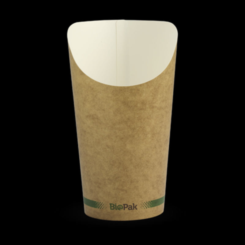 Eco-friendly 16oz brown paper chip cups with Ingeo™ bio-lining, pack of 50, perfect for serving hot snacks sustainably.