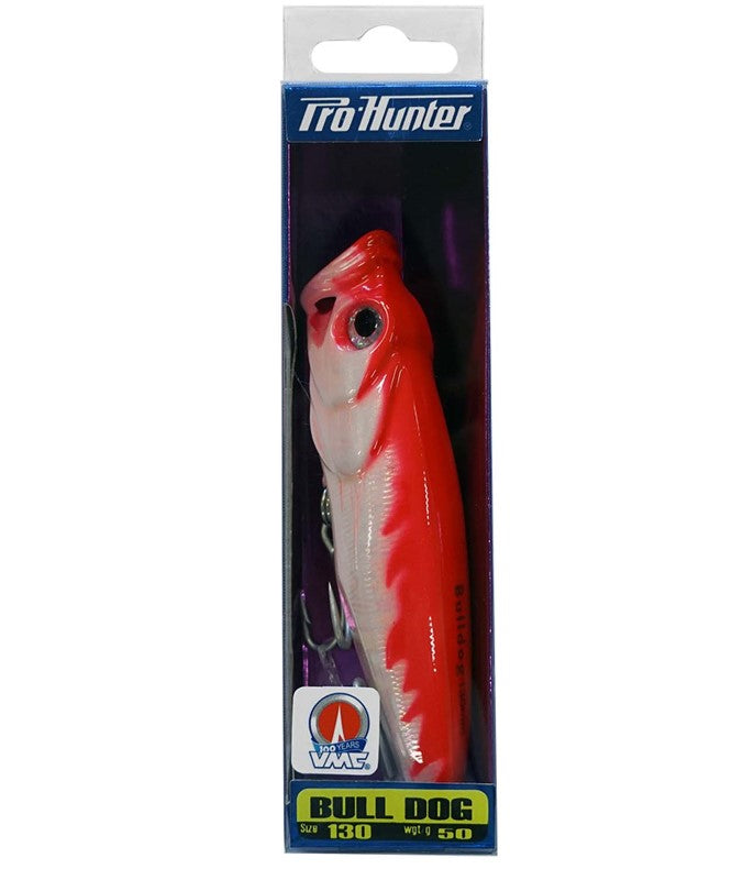 Pro Hunter Bull Dog 130mm Popper in Fire Pearl, designed for multi-species fishing with sharp hooks and realistic 3D eyes.