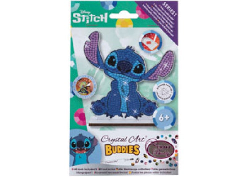 Colorful CrystalArt Buddy kit featuring Stitch, with wooden figurine and supplies for crafting a sparkling collectible.