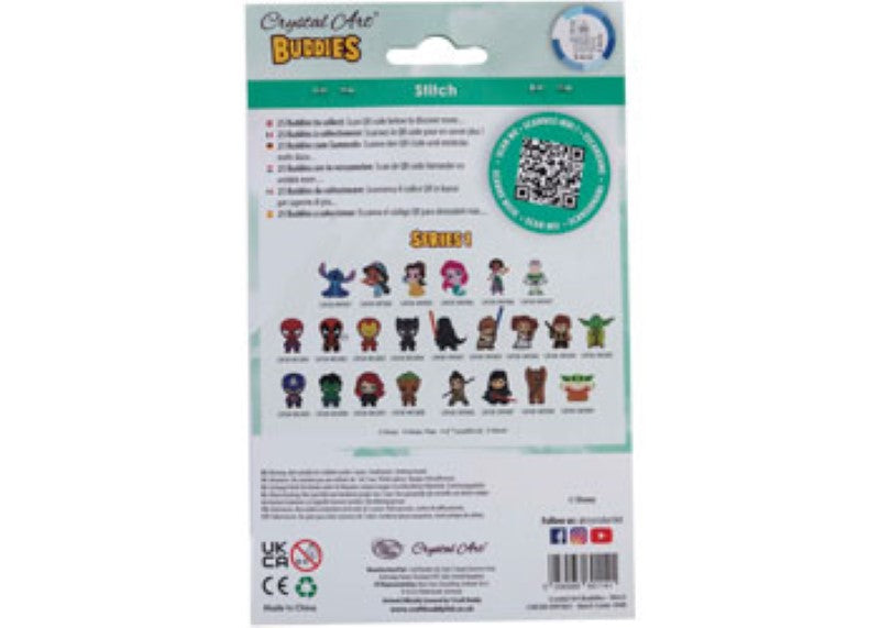 Colorful DIY Crystal Art kit featuring Stitch collectible from Disney, complete with wooden figurine, crystals, and tools for crafting.