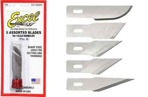 Premium set of five heavy-duty craft blades for precise cutting in wood, paper, leather, and more; compatible with Excel handles.