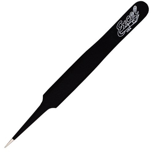 Precision stainless steel 4.5" straight point tweezers in black, ideal for jewelry making and delicate tasks.