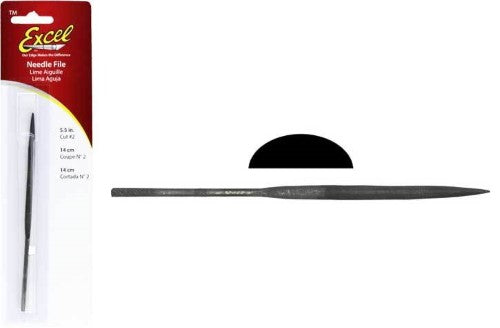Half-round needle file for precise carving, smoothing, and refining in wood, metal, and plastic; lightweight and ergonomic design.