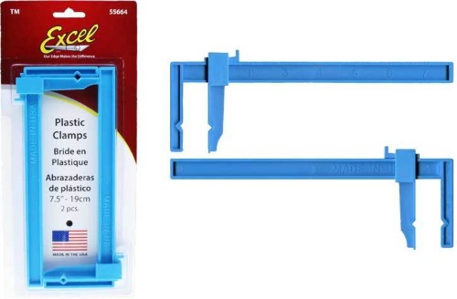 Large 7.5-inch plastic clamps for secure grip, featuring inch-marked beams and notched jaws for stability in projects.