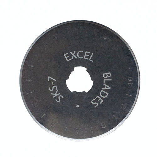 45mm rotary blade made of carbon steel for precise cutting of fabric and paper, compatible with Olfa style handles.