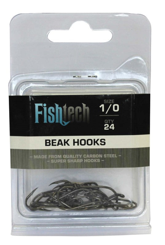 Fishtech Beak Hooks 1/0 pack of 24, durable carbon steel, long shank design, chemically sharpened, black nickel finish.