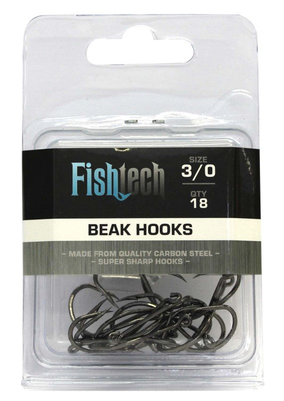Fishtech Beak Hooks 3/0 pack of 18, durable long shank hooks with chemically sharpened tips for effective fishing.