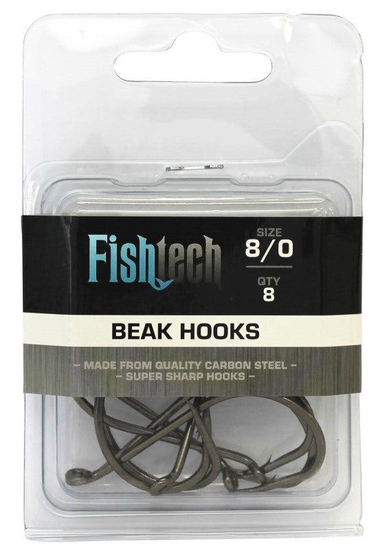Fishtech Beak Hooks 8/0, durable carbon steel hooks with long shank design, ideal for big bait and various fish species.