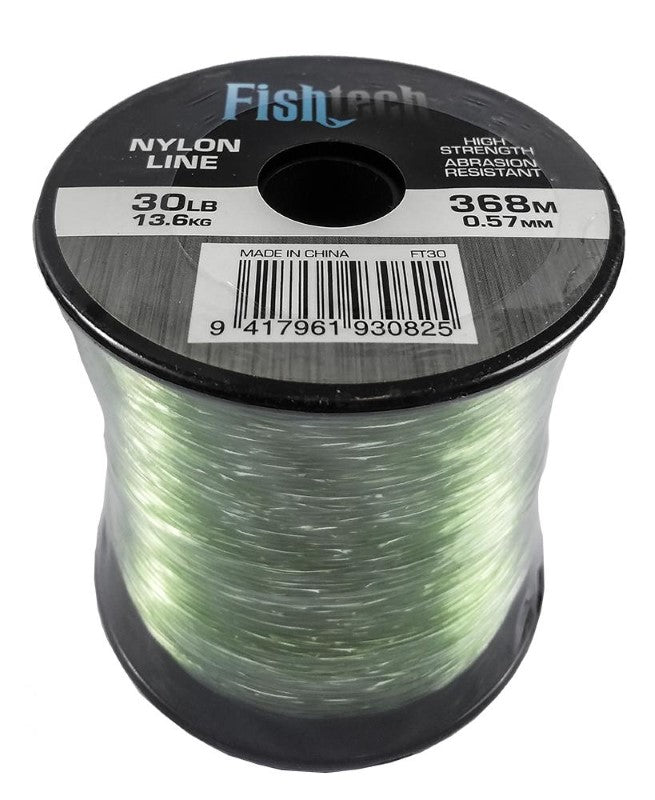 Fishtech 30lb nylon fishing line spool, 368m, durable for freshwater and saltwater with excellent abrasion resistance.