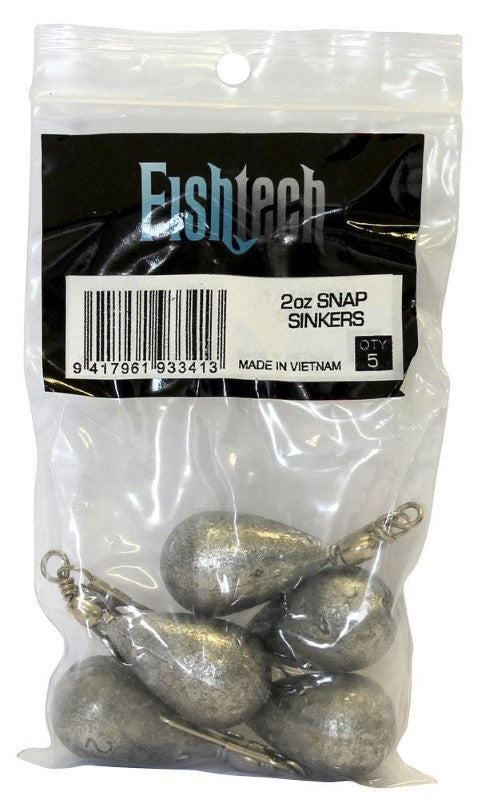 Fishtech Snap On Sinker 2oz (5 per pack) - versatile clip-on sinkers for effortless fishing in freshwater and saltwater.