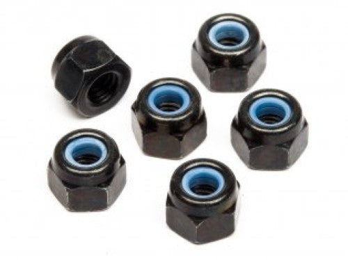 High-quality M3 Nylock nuts (6 pack) for securing RC parts, featuring nylon inserts for vibration resistance and reliability.