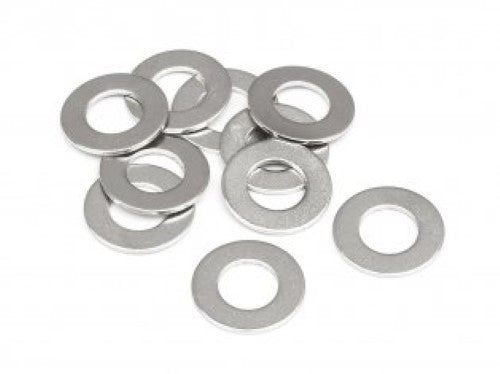 Ten precision aluminum washers M5x10.0.5 for secure fits in RC cars, enhancing durability and performance.