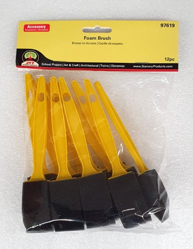 Twelve versatile foam brushes for precise paint application in model scenery projects, ideal for intricate detailing and various materials.