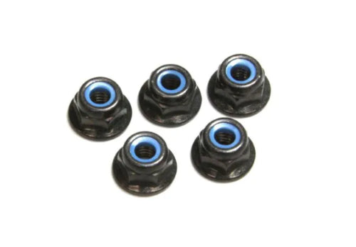 Flanged nylon nylock nuts (M4x5.6), pack of 5, secure components in RC vehicles, preventing loosening during vibration.