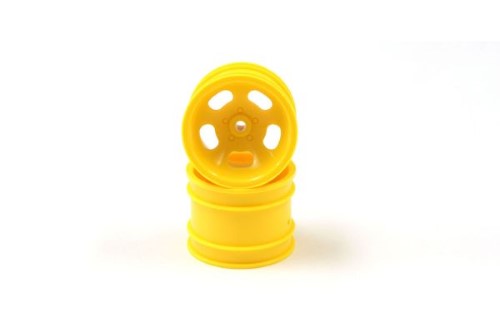 Vibrant yellow Kyosho Beetle RR rims enhance RC car performance and style, perfect for hobbyists and enthusiasts.