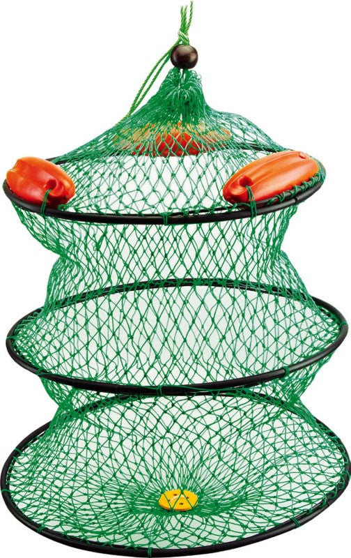 Floating live bait cage with built-in floats, spacious net for easy bait storage, ideal for anglers seeking freshness.
