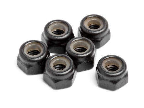 Maverick M3 nylock nuts (6-pack) ensuring secure RC vehicle components and preventing loosening from vibrations.
