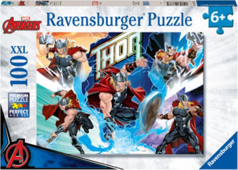 Colorful 100-piece puzzle featuring Marvel superheroes like Spider-Man, Captain America, and Iron Man for kids aged 6+.