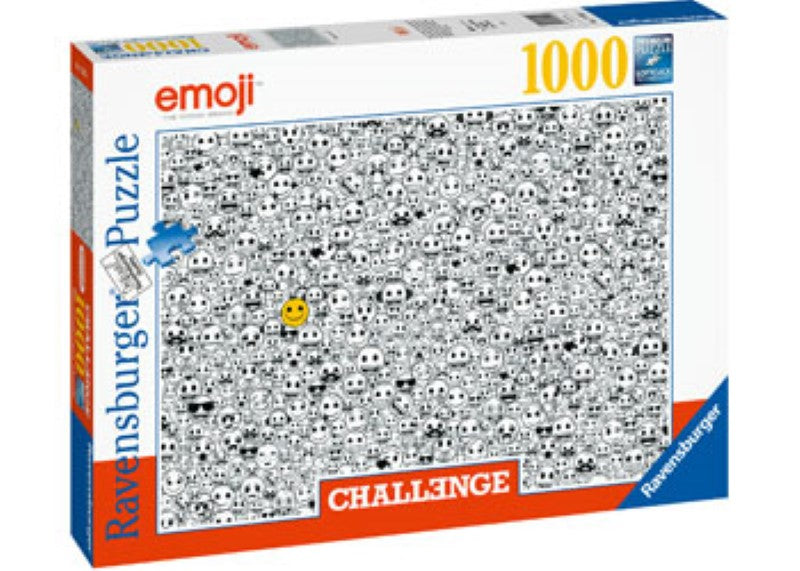 Colorful 1000-piece Ravensburger emoji jigsaw puzzle, featuring vibrant emojis for fun group or solo puzzling.